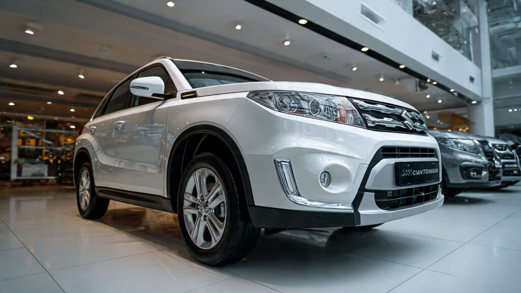 White SUV in a showroom setting